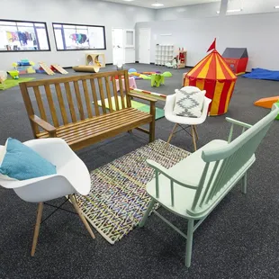 Seating near coffee bar (with complimentary coffee!)