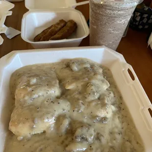 Biscuits and gravy with a side of sausage. Also, had a java chip Frappuccino.