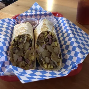 My breakfast burrito was delicious and huge! Plenty for two meals.