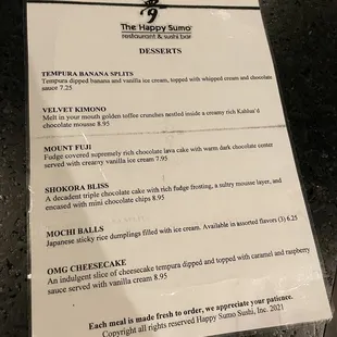 Dessert menu