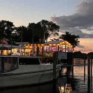 a boat docked at a dock