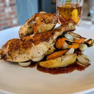 Roasted chicken with carrots, pearl onions, and a Korean-inspired sauce.