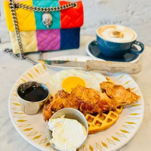 Buttermilk waffles, half fried chicken, fried egg