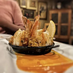GAMBAS A LA PLANCHA seared prawns with saffron bomba rice, chorizo, peppers &amp; alioli