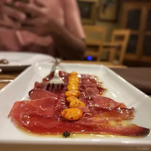 MOJAMA cured tuna loin with roasted marcona almonds &amp; olive oil