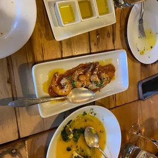 Olive oil sampler, sea bass, prawns
