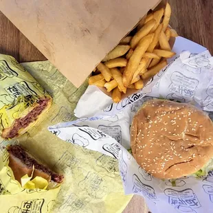 Pastrami, turkey burger, fries