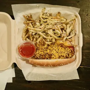 Chili dog with garlic fries.