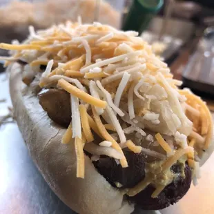 N.Y. Style - Spicy BrownDeli Mustard, Sautéed Onion, sauerkraut, and cheddar jack cheese - Yum!