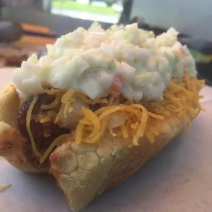 Coney dog - Homemade Chili, cheddar jack cheese, onion, mustard, and cole slaw.