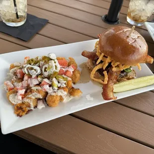 PBJ burger with loaded tots