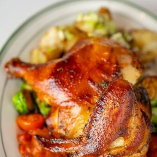 Smoked Chicken - Smoke-Roasted Half Chicken. Sautéed Brussels &amp; Roasted Red Peppers. Smashed Potatoes. Grilled Lemon.