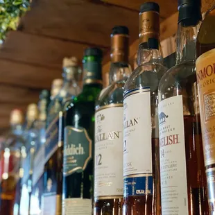 a row of liquor bottles