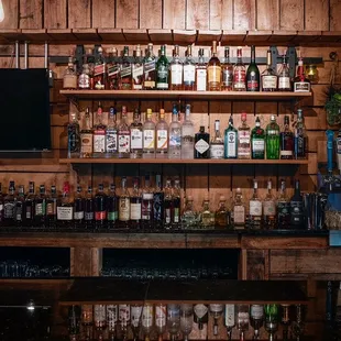 shelves of liquor and liquor bottles