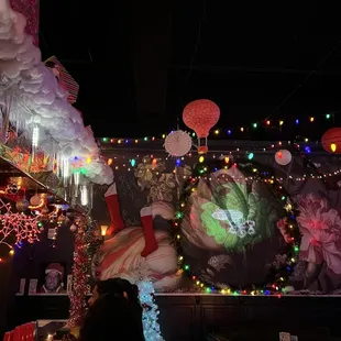 a restaurant decorated for christmas