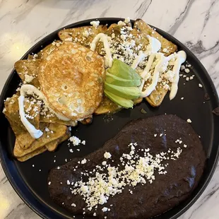 Green Chilaquiles, Over Easy Egg and Black Beans