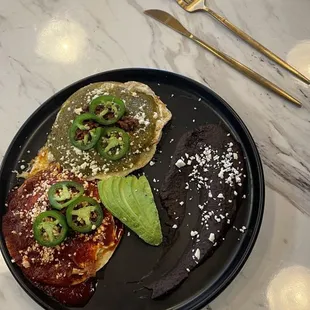 Holy Rancheros with nopal tortillas and soy chorizo
