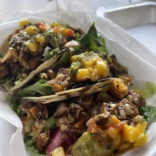 Triple Tacos w BBQ Jerk Tofu and gf corn tortillas - fresh and delicious