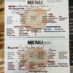 Tea and Smoothie menu
