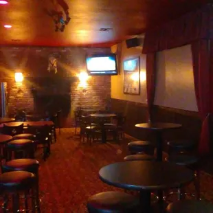 a dimly lit bar with bar stools