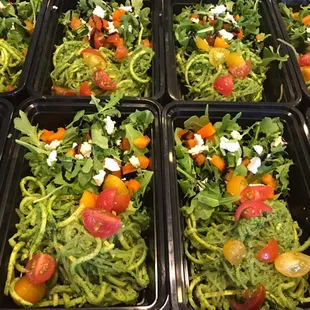 Kelp and zucchini pesto pasta with arugula salad and almond ricotta