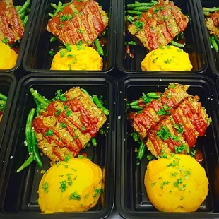Neatloaf and sweet mashed potatoes with sugar free homemade BBQ sauce