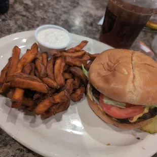 Burger and sweet potato fries