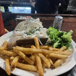 Haddock fish tacos   Fries and fresh broccoli