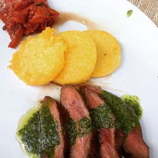Tomato Confit, Crispy Polenta &amp; Flank Steak with Pesto Sauce