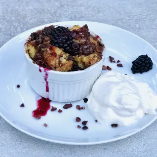 Blackberry Chocolate Bread Pudding with Fresh Whipped Cream