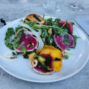 First Course: Peas Shoots with Radishes and Grilled Stone Fruit