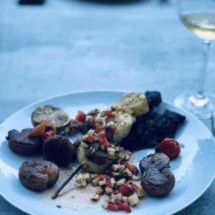 Entree: Surf and Turf: Grass Fed Steak and Jumbo Prawns, Chimichurri, Grilled Zucchini