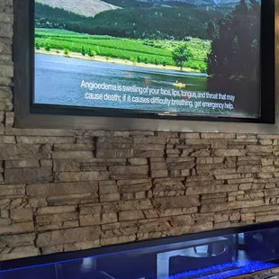 a tv mounted on a stone wall