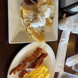Nutella banana crepe, scrambled eggs, bacon