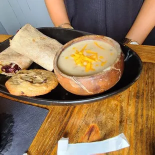 Thanksgiving burrito, cauliflower soup, and cookie