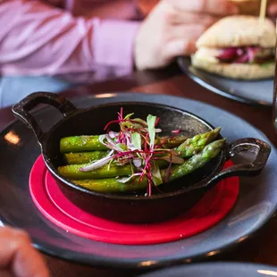 a pan of asparagus