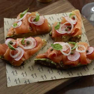 Smoked Salmon and Avocado Toast (herb cheese spread, shallots, basil, toasted country bread)