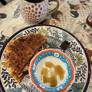 Bacon Chaffle with side of Greek yogurt with honey.  All gluten free, farm fresh eggs and amazing!