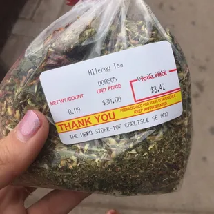 Nice 1.5 oz bag of allergy tea for under $4! Makes quite a few strong-brew pots of tea.
