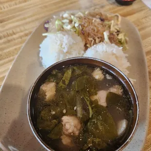 Pork sinigang, rice and pancit.