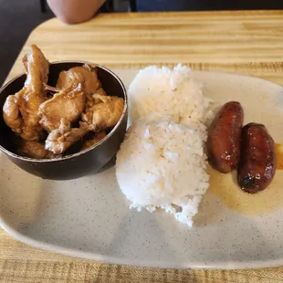 Chicken adobo, rice and longanisa.