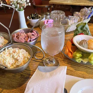 a table of food and drinks
