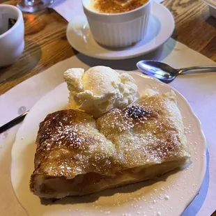 Apple strudel with ice cream.