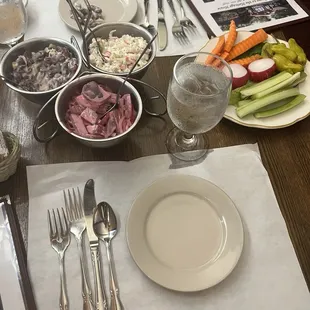 Relish tray offering and missing in the picture is the liver pate and cheese spread.