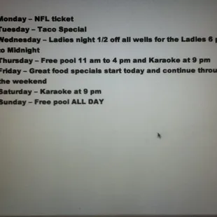 Events as listed 4/2015 has karaoke Thursday and Saturday!