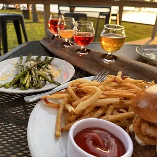 Steakhouse Burger with fries and cheesy asparagus.