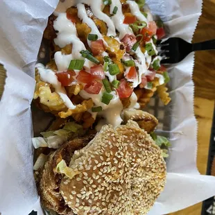 Fried chicken sandwich and loaded fries