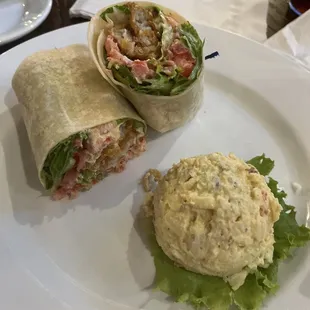 Battered Rockfish Wrap with Potato Salad.