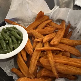 2 sides - Sweet potato fries and green beans.