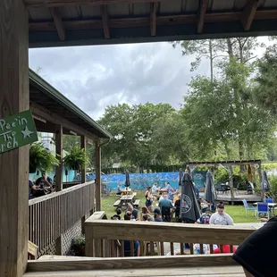 a view of a crowd of people sitting at picnic tables